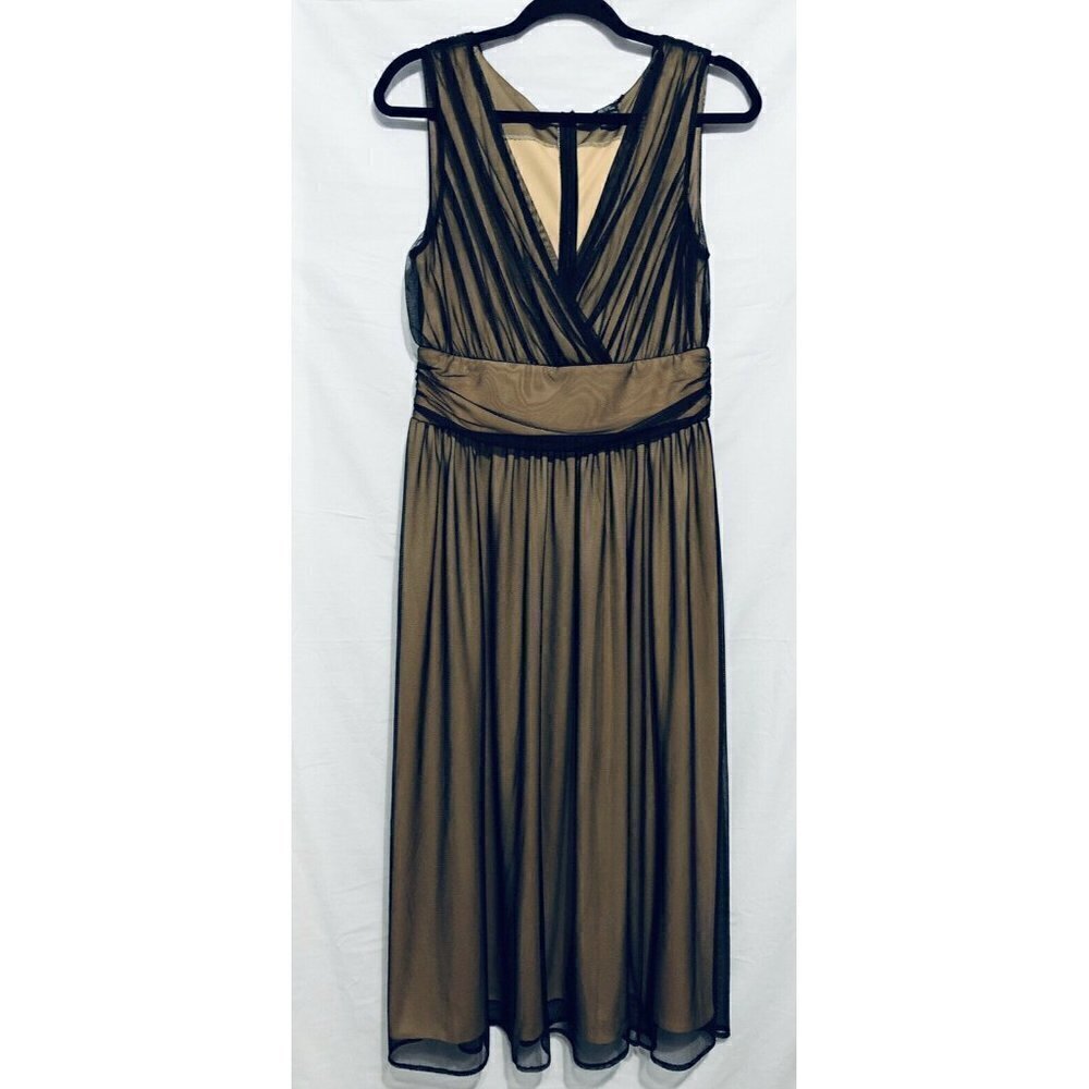 Cami Dress Womens 10 Black Tan Beaded Mesh Ruched Sleeveless Wedding Holiday